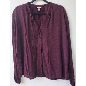 A New Day Womens Burgundy Clip‎ Dot Split Neck Tie Blouse Long Sleeve Medium